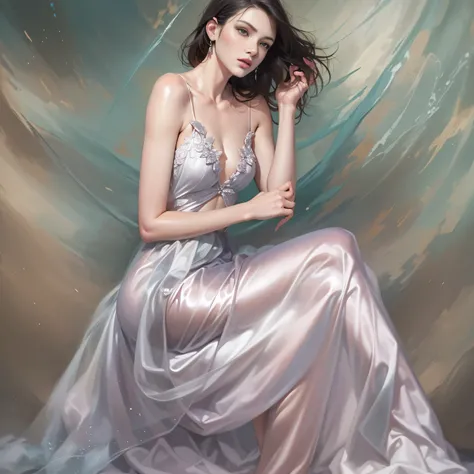 Beautiful woman in vey long translucent satin dress