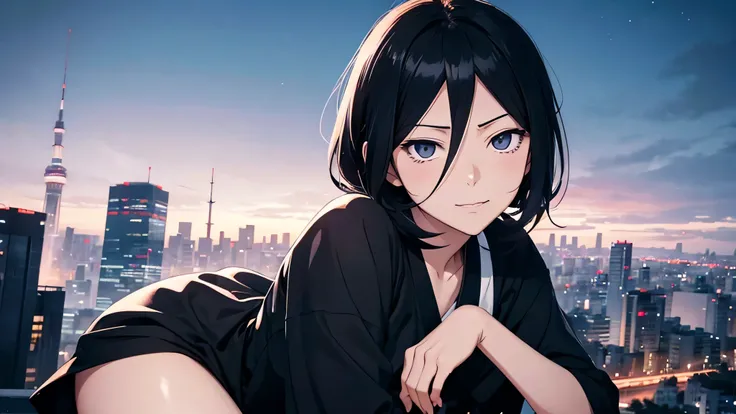 rukia from bleach, full body protrat sitting on a hill watching over a tokyo at night turning here face to look at u wile smiling black hear, blach eys, short hear, medeum ass, smal chest