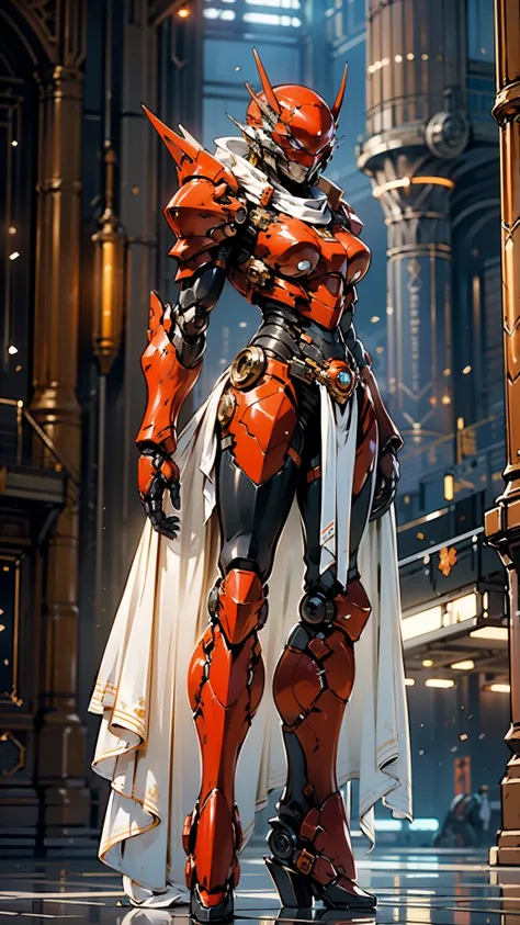 A woman adorned in fantasy-style full-body armor, a crown-concept fully enclosed helmet that unveils only her eyes, a composite layered chest plate, fully encompassing shoulder and hand guards, a lightweight waist armor, form-fitting shin guards, the overa...