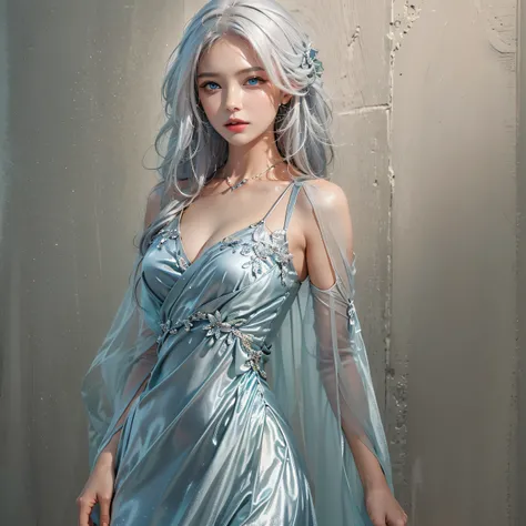 photorealistic, masterpiece, high resolution, soft light, mature female, silver hair, blue eyes, hips up, elegant dress, full dress