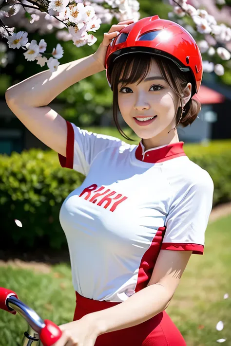 Ride a red bike down the hill,japanese animation,cinematic,sunlight,elegant girl ,big ass、cheerful smile,(black、white、red tight bicycle jersey,)black、white、wearing a red bicycle helmet,big breasts,( Shiny reddish brown short hair,)Cherry blossoms with fall...