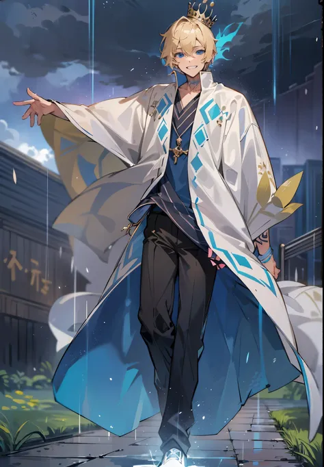 1male, Adult, Blue Eyes, Blonde Hair, Short Hair, Valley, Cloudy Sky, Raining, Walking on Path, Grin, Loose Long V-Neck Shirt, Long Poncho, Black Pants, Magicians Clothing, Crown, Arm Tattoos, Blue Aura, Blue Halo