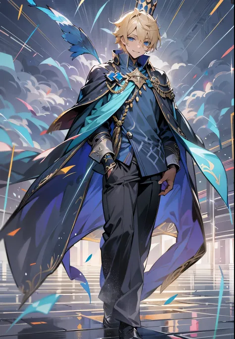 1male, Adult, Blue Eyes, Blonde Hair, Short Hair, Valley, Cloudy Sky, Raining, Walking on Path, Grin, Loose Long V-Neck Shirt, Long Poncho, Black Pants, Magicians Clothing, Crown, Arm Tattoos, Blue Aura, Blue Halo