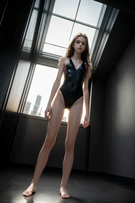 masterpiece, best quality, hyperrealistic, cinematic photo, 12 year old girl, pale skin, French amazing slim body, Black one-piece swimsuit, bare foot, long dark brown wavy hair, perfect slender legs, perfect hands, beautiful face, perfect face, youthful, ...