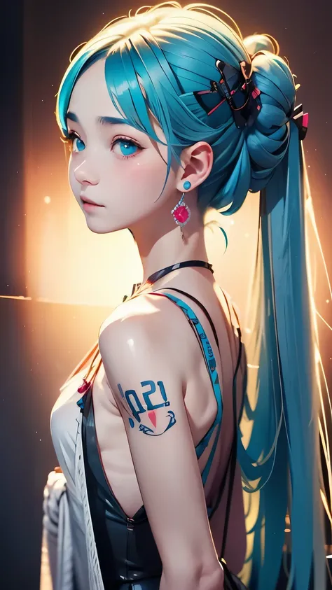 hair ornaments、earrings、tattoo、goth_punk, 1 girl, alone,、highest quality, realistic, Super delicate illustration, beautiful and charming anime girl, miku hatsune, slender body, tied hair, one girl, girl pictures, full body shot, beautiful blue eyes, looked...