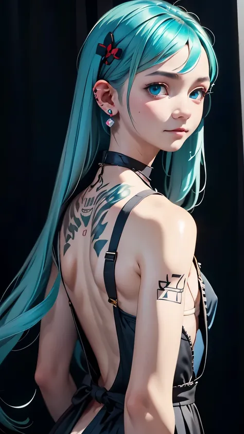 hair ornaments、earrings、tattoo、goth_punk, 1 girl, alone,、highest quality, realistic, Super delicate illustration, beautiful and charming anime girl, miku hatsune, slender body, tied hair, one girl, girl pictures, full body shot, beautiful blue eyes, looked...