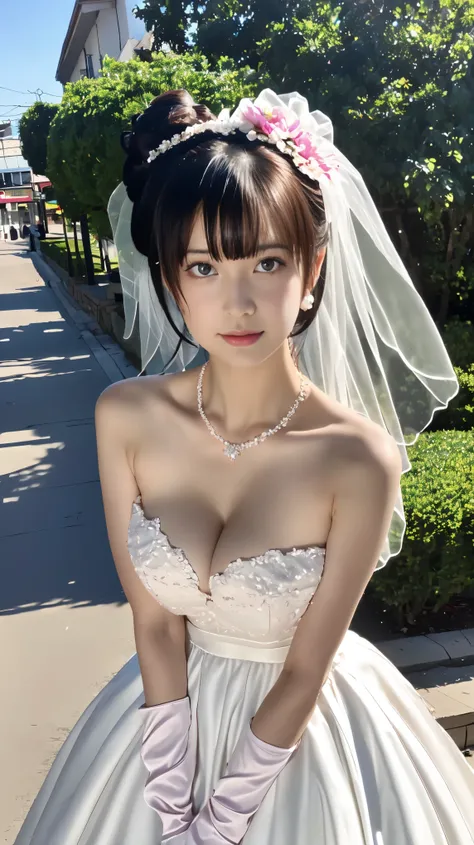 (((Pixel perfect, Perfect details))), alone, 1 girl, yuigahama yui,  Close-up of beautiful bride wearing beautiful wedding dress,Gurwitz, looking at viewer,(bridal veil:1.5），（transparent short veil：1.5），makeup,pink blush，dark blue eye shadow，Blushing face，...