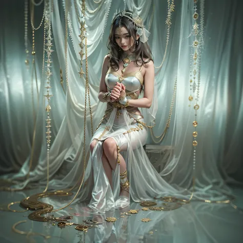 beautiful woman in vey long translucent satin dress,dreamy background, kneel ,tied up, bondage