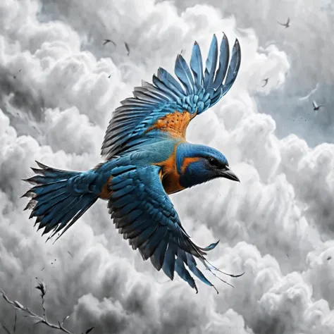 ((selective color)), drawing of majestic blue bird flying in the sky, smooth lines, fine art piece, express expressions and post...