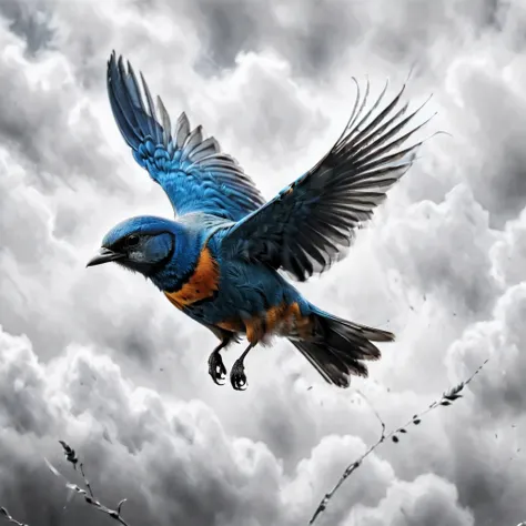 ((selective color)), drawing of majestic blue bird flying in the sky, smooth lines, fine art piece, express expressions and post...