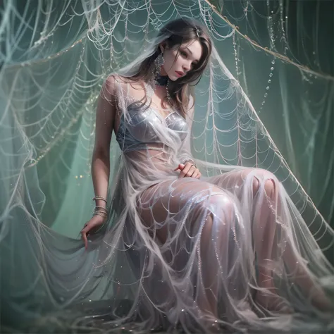 Beautiful woman wrapped in the web in very long translucent satin dress,dreamy background, kneel ,tied up, spider web,