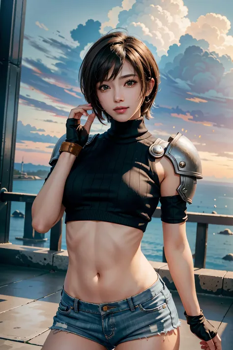 (masterpiece, 最high quality)
yuffie kisaragi,ff7, short hair,head band,belly button,sleeveless,turtleneck,brown eyes,sleeveless ...