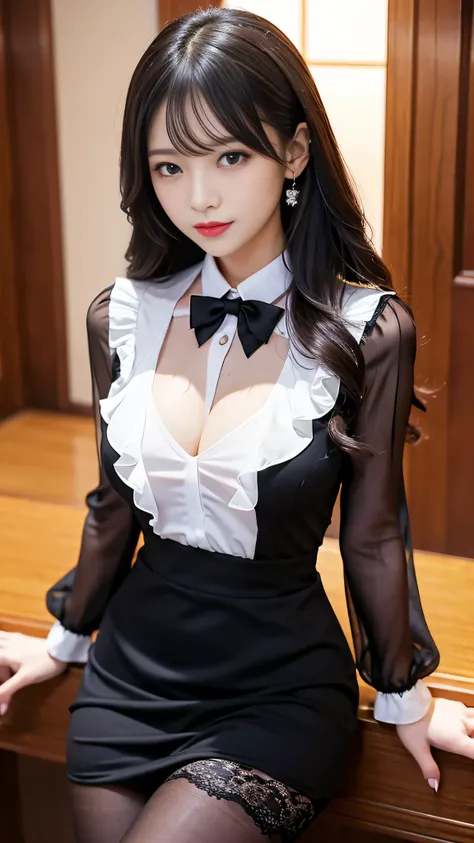 Super detailed、Japanese、charming beauty、seductive adult woman、Beautiful woman、sharp eyes、cool girl、wavy hair、suit、Black chiffon、lace fabric、wide sleeve、wearing a lace insert dress、white blouse、Tight Skirt、flesh colored pantyhose、Lustrous legs、evilの幹部、evil ...