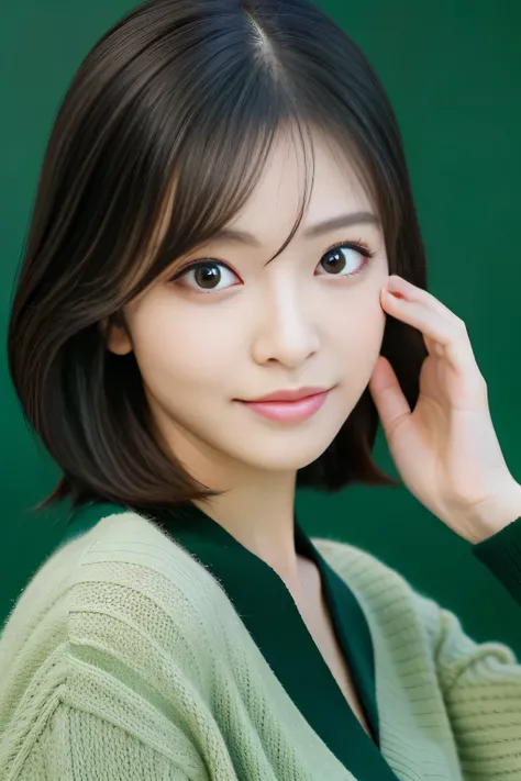 one woman,cardigan,sexy pose,,thin,beautiful face,double eyelid,surprised face,bob hair,black hair,black eye,light green background color,null,Mysterious,high quality,realistic,Japanese,Beautiful woman,gravure,Snazzy,Fashion Model