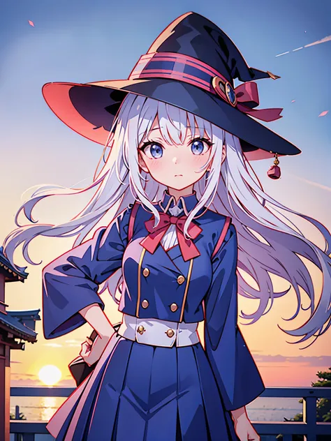 Japan 、She wears a large witch&#39;s hat with sapphire accessories、She wears her Japan high school uniform、she has white hair、I&#39;m on the roof of a high school in Tokyo at twilight where you can see the sunset.、She is blushing and a little shy、I&#39;m f...