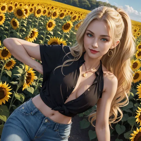 Caucasian woman, blonde hair, wavy hair, long hair, ponytail hair, green eyes, lined eyes, red lipstick, smile, athletic body, (((small breasts))), nipples, (((casual blouse))), low-cut blouse, jeans, earrings, necklace, in the background you can see a hug...