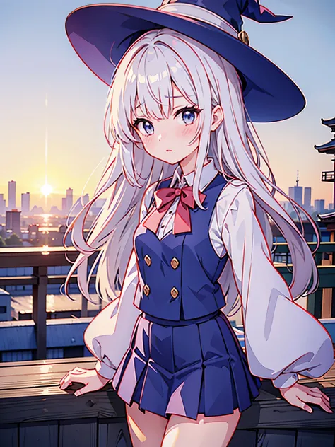 Japan 、She wears a large witch&#39;s hat with sapphire accessories、She wears her Japan high school uniform、she has white hair、I&#39;m on the roof of a high school in Tokyo at twilight where you can see the sunset.、She is blushing and a little shy、I&#39;m f...