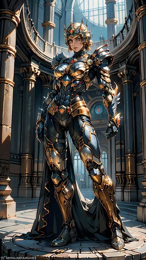 A woman adorned in fantasy-style full-body armor, a crown-concept fully enclosed helmet that unveils only her eyes, a composite layered chest plate, fully encompassing shoulder and hand guards, a lightweight waist armor, form-fitting shin guards, the overa...