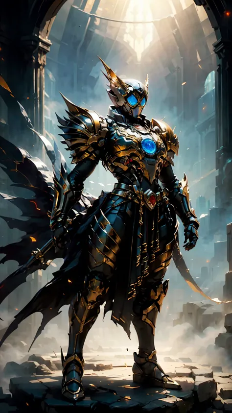 A woman adorned in fantasy-style full-body armor, a crown-concept fully enclosed helmet that unveils only her eyes, a composite layered chest plate, fully encompassing shoulder and hand guards, a lightweight waist armor, form-fitting shin guards, the overa...