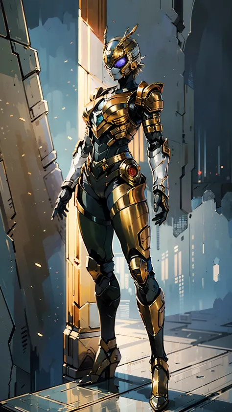 A woman adorned in fantasy-style full-body armor, a crown-concept fully enclosed helmet that unveils only her eyes, a composite layered chest plate, fully encompassing shoulder and hand guards, a lightweight waist armor, form-fitting shin guards, the overa...