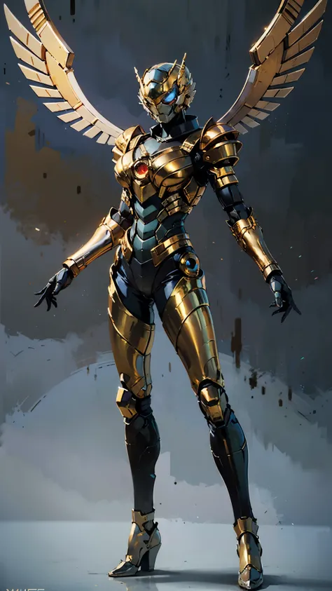 A woman adorned in fantasy-style full-body armor, a crown-concept fully enclosed helmet that unveils only her eyes, a composite layered chest plate, fully encompassing shoulder and hand guards, a lightweight waist armor, form-fitting shin guards, the overa...