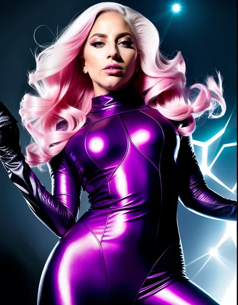 Lady GaGa traje de los xmen,CUERPO COMPLETO,textura 4K, cabello largo, calidad alta, cuerpo completo,varias poses corporales,rostro realista en 8k,peinado extravagante, Original album cover, imagen 8k, futurista, alta calidad de imagen, en la noche, acceso...