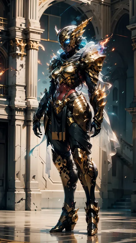 A woman adorned in fantasy-style full-body armor, a crown-concept fully enclosed helmet that unveils only her eyes, a composite layered chest plate, fully encompassing shoulder and hand guards, a lightweight waist armor, form-fitting shin guards, the overa...