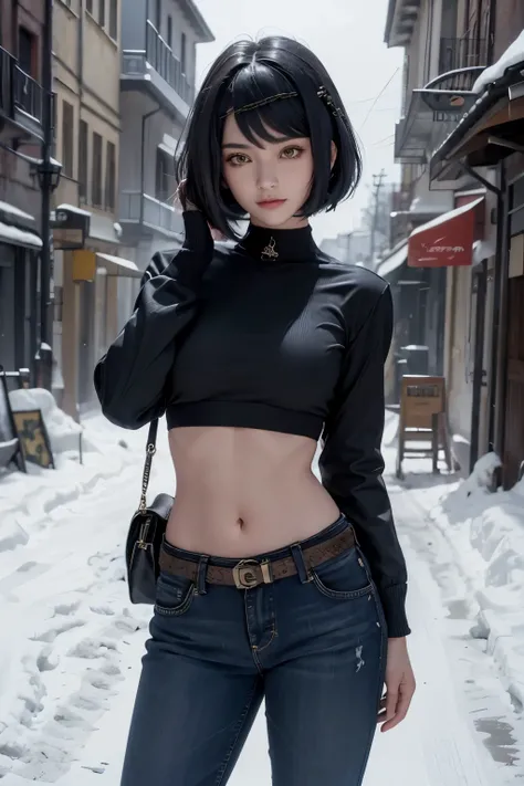 long sleeved puffer parka, long jeans, belt, ((midriff, navel)), looking at viewer, old italian town, snow , smile, ((cinematic lighting, masterpiece, anatomically correct, detailed textured skin, high details, highres, HD, 4K, 8k)), (kujou sara:1.3), mask...