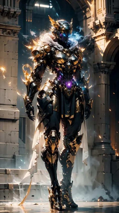 A woman adorned in fantasy-style full-body armor, a crown-concept fully enclosed helmet that unveils only her eyes, a composite layered chest plate, fully encompassing shoulder and hand guards, a lightweight waist armor, form-fitting shin guards, the overa...