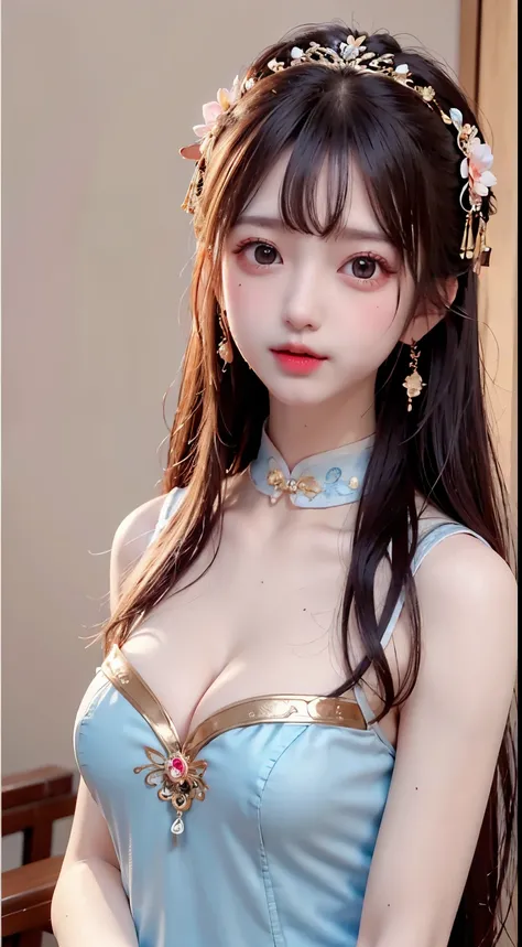 teen girl 14 yeard old，Ancient costumes with Hanfu open V-chested clothes ，Flawless white and pink face，Ornaments on the head，Black hair waist-length，very beautiful and sharp brown eyes，Small red lips，Colored lips，Enchanted smile，Jewelry worn around the ne...