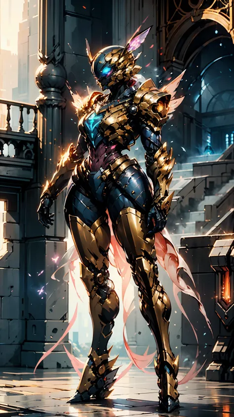 A woman adorned in fantasy-style full-body armor, a crown-concept fully enclosed helmet that unveils only her eyes, a composite layered chest plate, fully encompassing shoulder and hand guards, a lightweight waist armor, form-fitting shin guards, the overa...