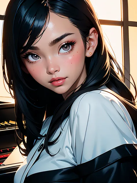 sharp focus, detailed outfit, key visual, (a character illustration by Lü Ji:1.2), vibrant colors, 1 girl, masterpiece, sharp focus, best quality, depth of field, cinematic lighting, in a white room with windows, the girl has black hair, very long hair, wh...