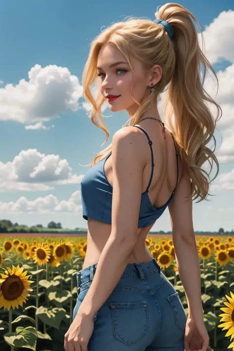 Caucasian woman, blonde hair, wavy hair, long hair, hair with ponytail, green eyes, lined eyes, red lipstick, smile, athletic body, (((small breasts))), nipples, (((blue top))), jean shorts, earrings, necklace In the background you can see a huge field of ...