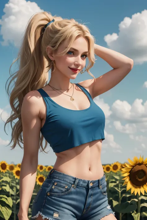 Caucasian woman, blonde hair, wavy hair, long hair, hair with ponytail, green eyes, lined eyes, red lipstick, smile, athletic body, (((small breasts))), nipples, (((blue top))), jean shorts, earrings, necklace In the background you can see a huge field of ...