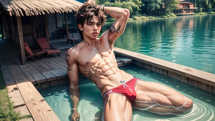 imagen de un par de chicos adolescentes, sexys, provocativos, con cuerpo muy delgado, con el cuerpo sudado, taking off his clothes to enter the lake, mostrando el torso tatuado y sudoroso, with torn pants, roto en algunas partes, que deja ver su cuerpo, sl...