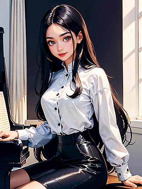 in a white room with windows, the girl has black hair, very long hair, white blouse, and  blue jeans, full body, smiling, long hair, black hair, brown eyes, asian eyes, (playing a classic black piano:1.3), (not looking at the viewer:1.5), (extremely cute a...