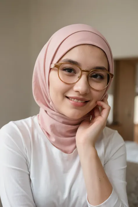 ((best quality)), ((masterpiece)), (detailed), perfect face, a muslim hijab girl, using a syari hijab, no hair, long-sleeved clothes, pink hijab and long white t-shirt, all body parts covered except hands and face, round eye and a round glasses, 21 year ol...