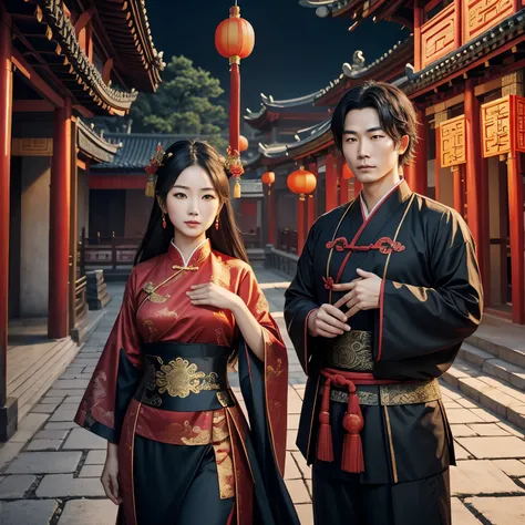 Ancient Chinese style building, Ancient Chinese style cityscape, Man and woman dressed in ancient Chinese style, wakame. Unleash an aura of beauty and power. Hiperrealistic.