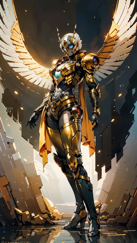 A woman adorned in fantasy-style full-body armor, a crown-concept fully enclosed helmet that unveils only her eyes, a composite layered chest plate, fully encompassing shoulder and hand guards, a lightweight waist armor, form-fitting shin guards, the overa...