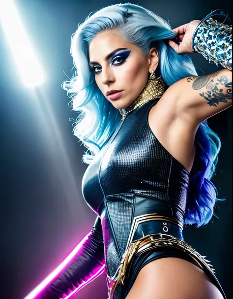 Lady GaGa traje de los xmen,CUERPO COMPLETO,textura 4K, cabello largo, calidad alta, cuerpo completo,varias poses corporales,rostro realista en 8k,peinado extravagante, Original album cover, imagen 8k, futurista, alta calidad de imagen, en la noche, acceso...