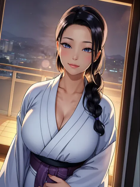 (night:1.7), Japan, Tokyo, City view, in front of the window,
looking at the viewer, (fascinating look:1.2), Happy, 笑face,
(white_kimono:1.3),cleavage,
black_hair, length_hair, hair_pulled_return,Broke up_lips,purple_eye, Braid,
1 girl, 24-years-old,mature...