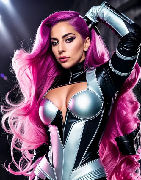 Lady GaGa traje de los xmen,CUERPO COMPLETO,textura 4K, cabello largo, calidad alta, cuerpo completo,varias poses corporales,rostro realista en 8k,peinado extravagante, Original album cover, imagen 8k, futurista, alta calidad de imagen, en la noche, acceso...