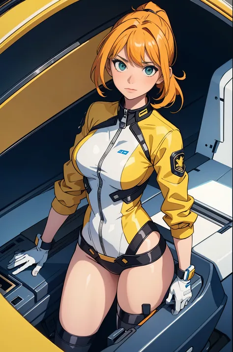 (masterpiece), (best quality), 1girl, solo focus, pilot, flying helicopter, from cockpit, leotard, bare legs, gloves, light yellow hair, light yellow-orange hair, short hair, green eyes, bangs, ponytail