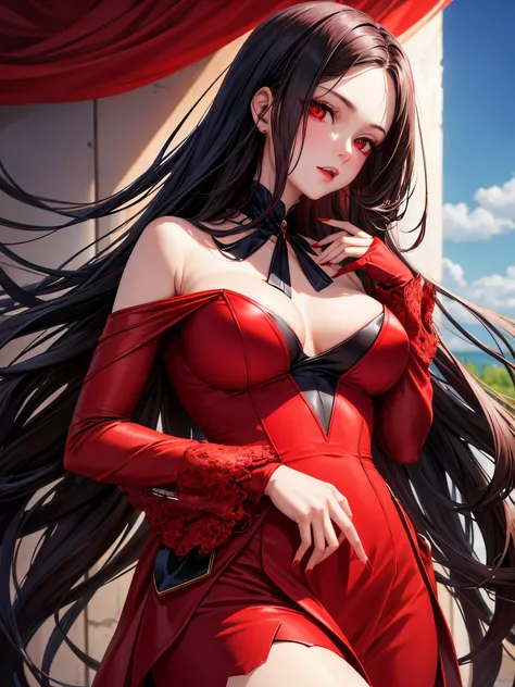 1girl, beautiful, vampire queen, brunette very long hair, red eyes, wearing a sexy red and black dress, ultrasharp, 8k, looking at the viewer, ((best quality)), ((masterpiece)), (detailed), perfect face,