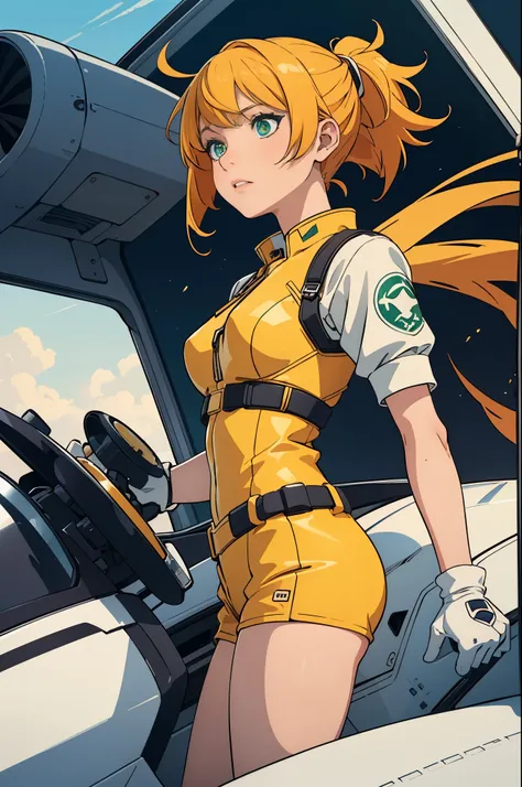 (masterpiece), (best quality), 1girl, solo focus, pilot, flying helicopter, from cockpit, leotard, bare legs, gloves, light yellow hair, light yellow-orange hair, short hair, green eyes, bangs, ponytail