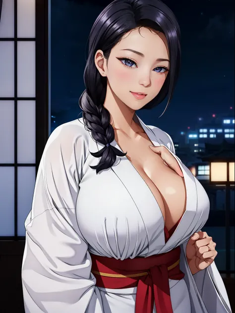 (night:1.7), Japan, Tokyo, City view, in front of the window,
looking at the viewer, (fascinating look:1.2), Happy, 笑face,
(white_kimono:1.3),cleavage,
black_hair, length_hair, hair_pulled_return,Broke up_lips,purple_eye, Braid,
1 girl, 24-years-old,mature...