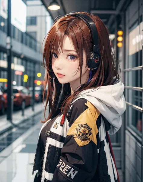 (masuter piece、side lights、ultra-detailliert、inely detailed beautiful eyes: 1.2)、1girl in、bags、buliding、from side、headphones、hoods、hood down、hooded jacket、parka、jaket、Long、orange color hair、redhair、独奏、train、inside of a car、The upper part of the body、​maste...