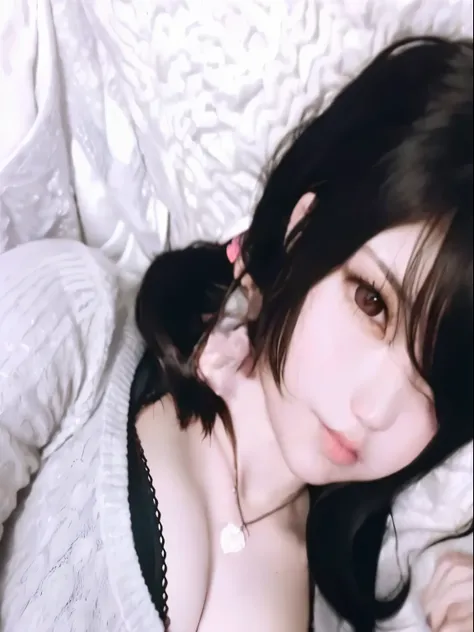 there is a woman lying on a bed with a white blanket,  anime in real life, Bela Delfina, Sakimichan, amoranto, inspirado em Ayami Kojima, Chiaki Nanami de Danganronpa, pretty  anime,  anime, better known as amoranto, anime waifu, tifa lockhart