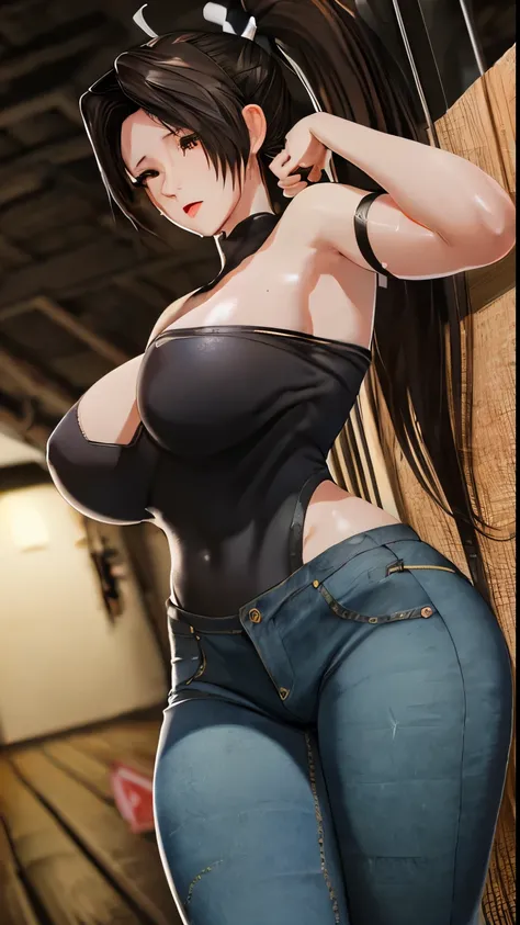 Woman, beautiful, hips, (((big tits))), (( legs)), ((((perfect body)))), (((mini short jeans))), realistic, night, ((ponytail with bangs)), Asian, ((black long hair)), detailed, ((sweating)), topless