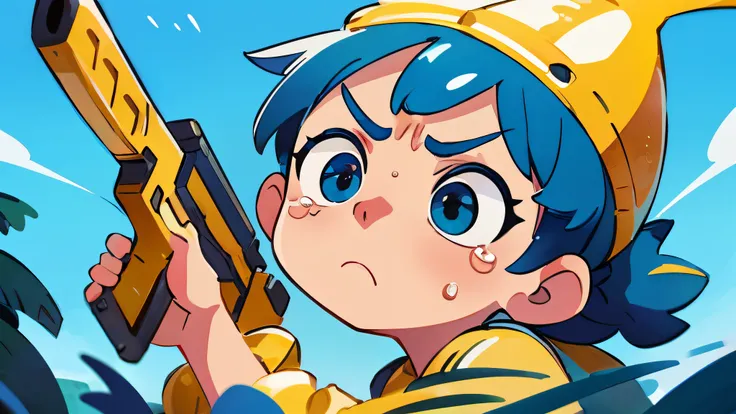 tears, angry, dramatic, strong contrast and saturation, blueish shooting range background, high detailed, fornite banana costume, shooting, guns, bananas guns, bananas, big eyes, mad, in a close view, front